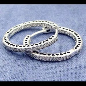 New Pandora Sparkle & Hearts Hoop Earrings Sterling Silver